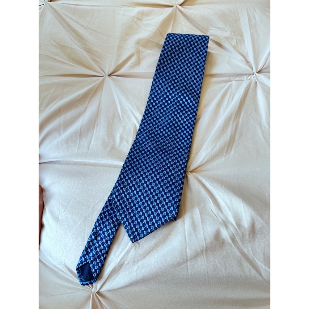 Brooks Brothers Makers Silk Tie Blue Checkered Geometric Woven USA Mens Necktie